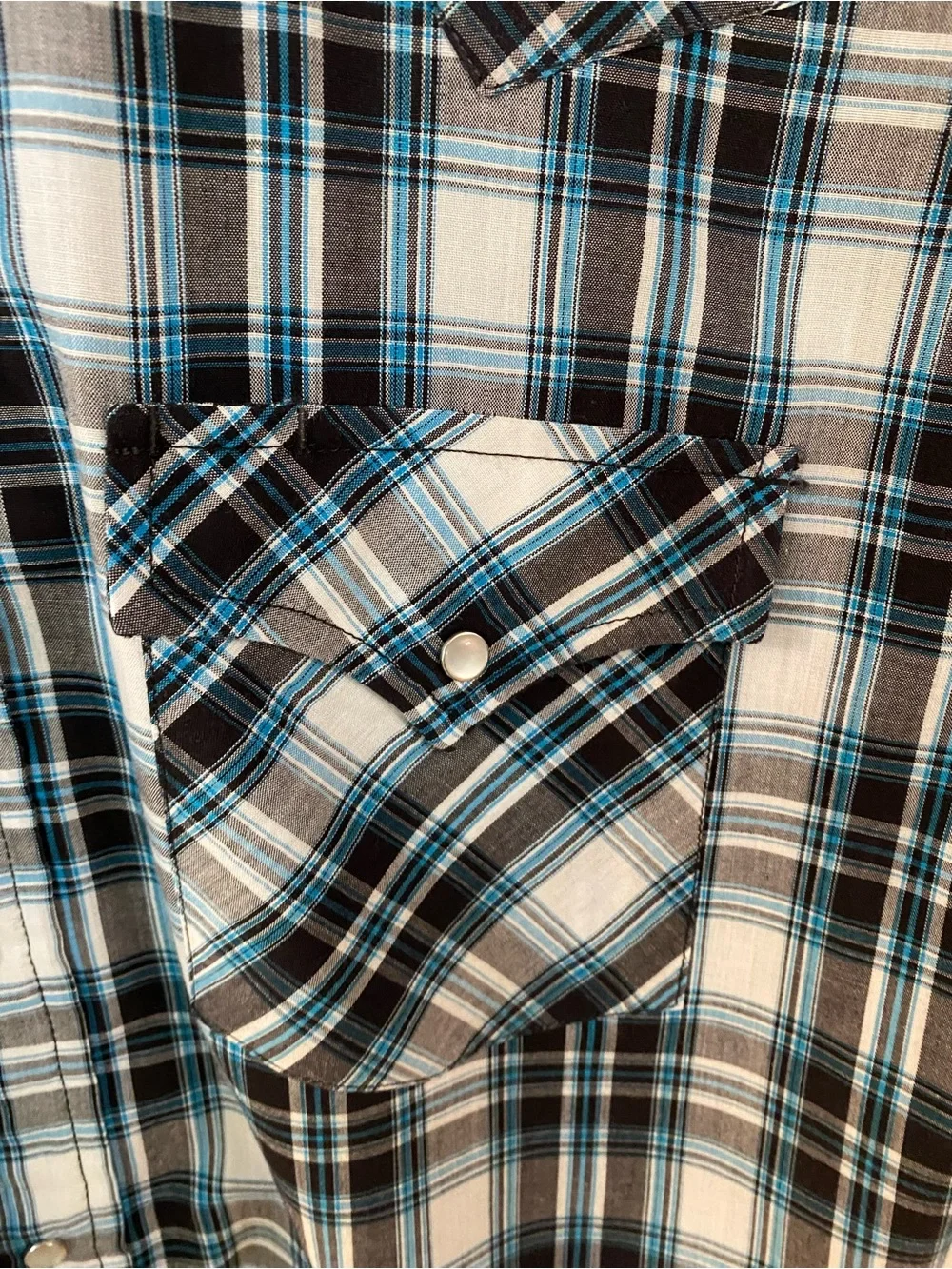 Ely Cattleman Western Pearl Snap Plaid Shirt Small Blue Gray Short Sleeve Cowboy - Picture 2 of 6